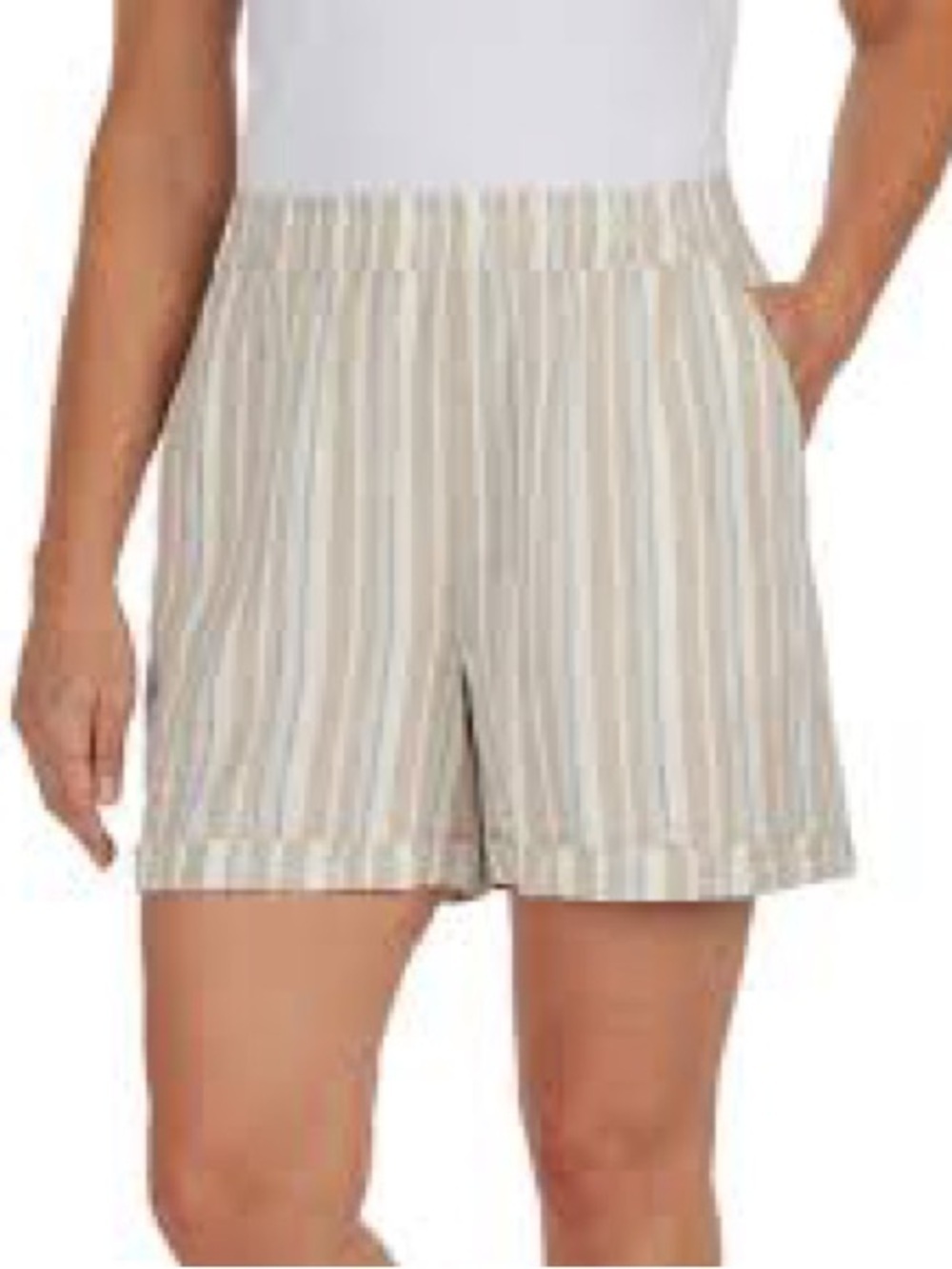Frank and Oak Linen Blend Striped Shorts Beige Elastic Waist Women's Sz L